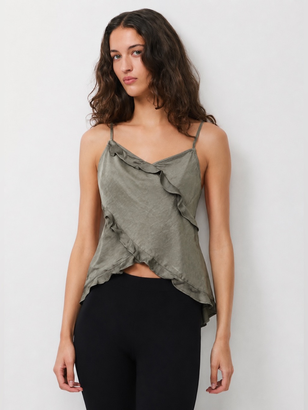 Melrose and Market Olive Green Satin Ruffle Cami Tank Top XS NWOT